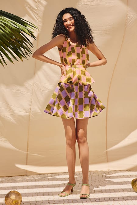 ZiP by Payal & Zinal_Multi Color Cotton, Linen Square Neck Check Peplum Top _Online_at_Aza_Fashions