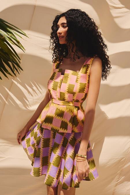 Buy_ZiP by Payal & Zinal_Multi Color Cotton, Linen Square Neck Check Peplum Top _Online_at_Aza_Fashions