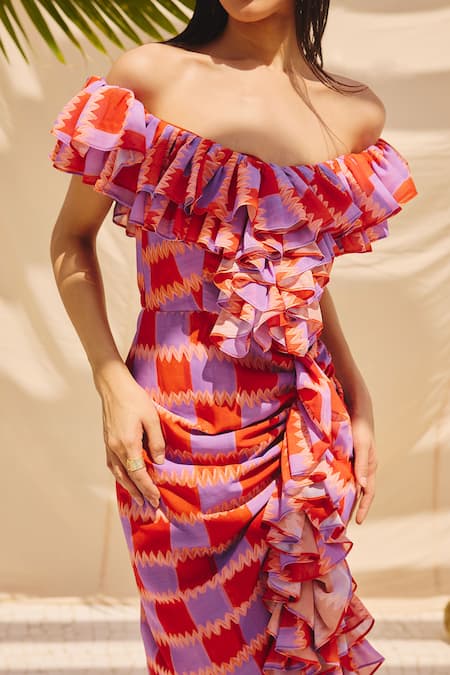 ZiP by Payal & Zinal Multi Color Georgette Off-shoulder Frill Maxi Dress Online at Aza Fashions ZiP by Payal & Zinal_Multi Color Georgette Off-shoulder Frill Maxi Dress _Online_at_Aza_Fashions