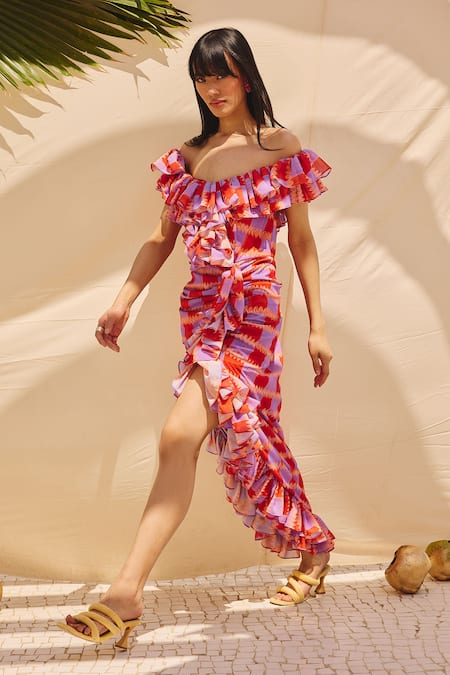 Buy ZiP by Payal & Zinal Multi Color Georgette Off-shoulder Frill Maxi Dress Online at Aza Fashions Buy_ZiP by Payal & Zinal_Multi Color Georgette Off-shoulder Frill Maxi Dress _Online_at_Aza_Fashions