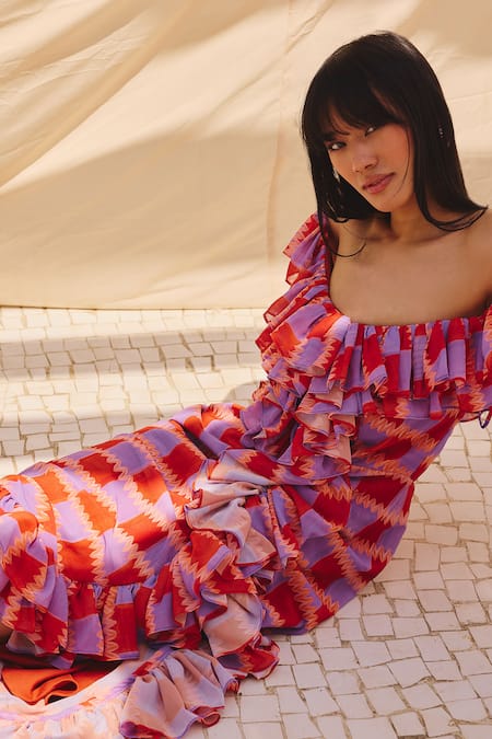 Shop ZiP by Payal & Zinal Multi Color Georgette Off-shoulder Frill Maxi Dress Online at Aza Fashions Shop_ZiP by Payal & Zinal_Multi Color Georgette Off-shoulder Frill Maxi Dress _Online_at_Aza_Fashions