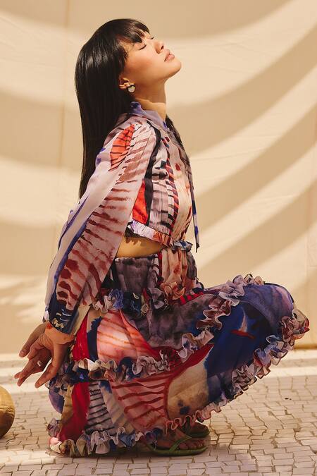 ZiP by Payal & Zinal_Multi Color Georgette Ruffles Mandarin Collar Printed Dress With _Online_at_Aza_Fashions