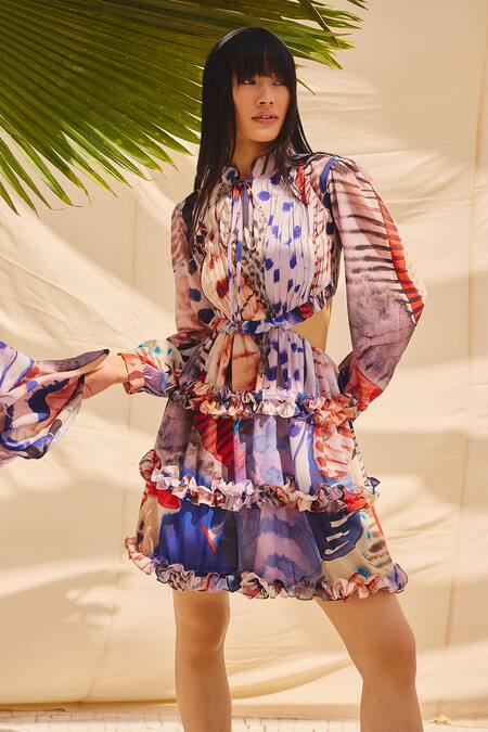 Shop_ZiP by Payal & Zinal_Multi Color Georgette Ruffles Mandarin Collar Printed Dress With _Online_at_Aza_Fashions