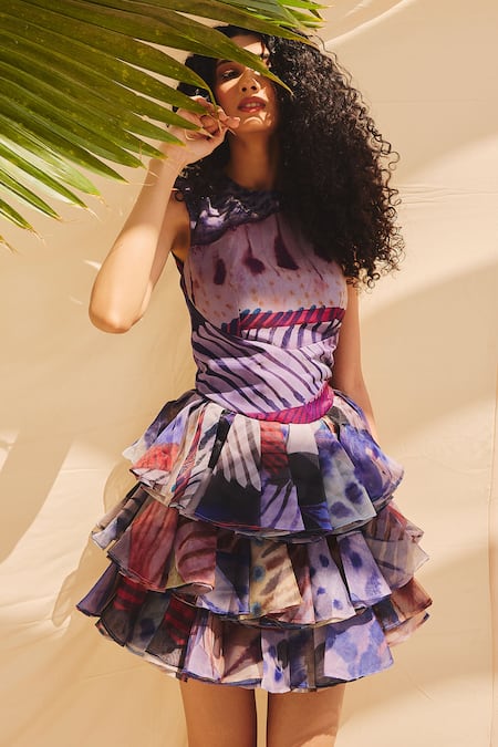 Buy_ZiP by Payal & Zinal_Multi Color Organza Layered Pleated Designer Dress _Online_at_Aza_Fashions