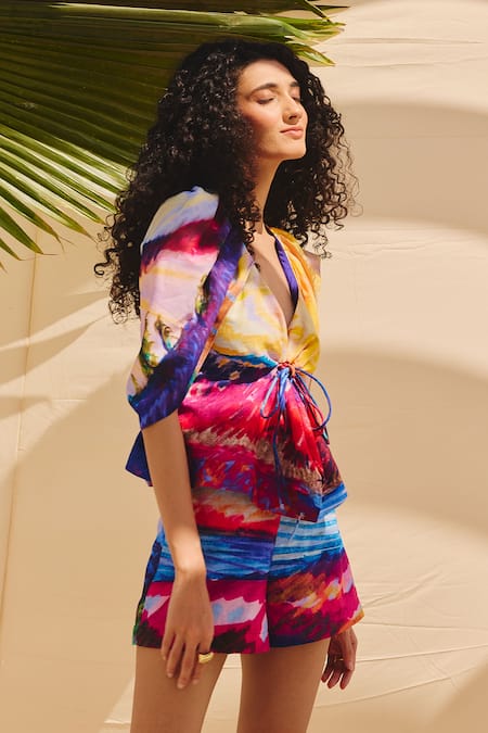 ZiP by Payal & Zinal_Multi Color Cotton, Linen Print Co-ord Set With Draped Sleeves _Online_at_Aza_Fashions