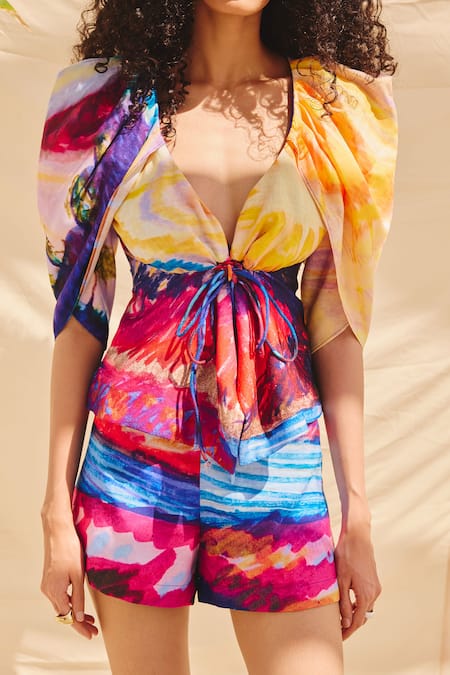 Shop_ZiP by Payal & Zinal_Multi Color Cotton, Linen Print Co-ord Set With Draped Sleeves _Online_at_Aza_Fashions