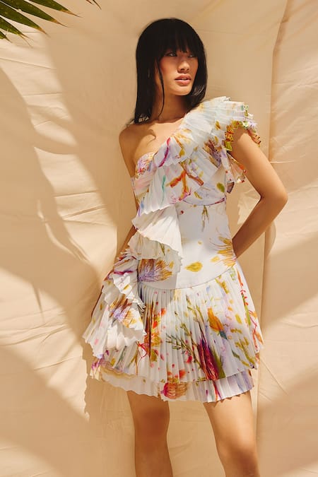 ZiP by Payal & Zinal_White Cotton, Linen Asymmetric One-shoulder Pleated Short Dress _Online_at_Aza_Fashions