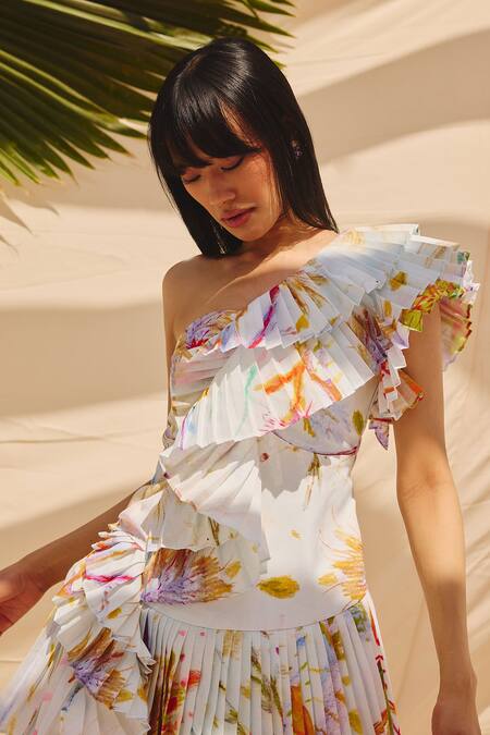 Buy_ZiP by Payal & Zinal_White Cotton, Linen Asymmetric One-shoulder Pleated Short Dress _Online_at_Aza_Fashions