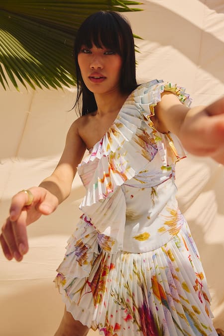 Shop_ZiP by Payal & Zinal_White Cotton, Linen Asymmetric One-shoulder Pleated Short Dress _Online_at_Aza_Fashions