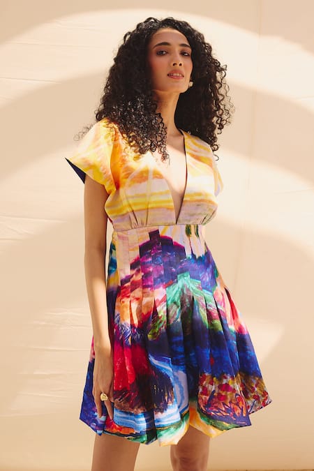 Buy_ZiP by Payal & Zinal_Multi Color Cotton, Linen V-neck Designer Dress _Online_at_Aza_Fashions