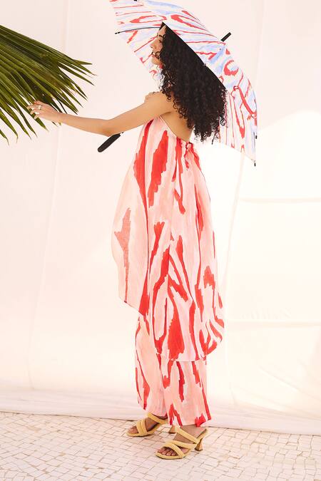 ZiP by Payal & Zinal_Pink Cotton, Linen Halter Neck Calf-length Printed Kurta Set _Online_at_Aza_Fashions