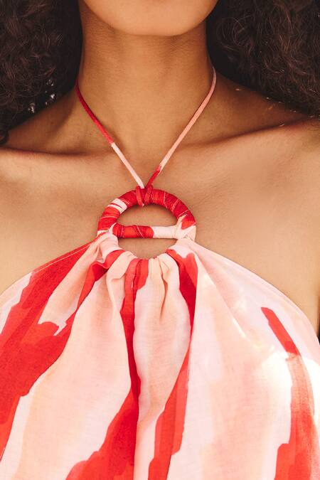 Shop_ZiP by Payal & Zinal_Pink Cotton, Linen Halter Neck Calf-length Printed Kurta Set _Online_at_Aza_Fashions