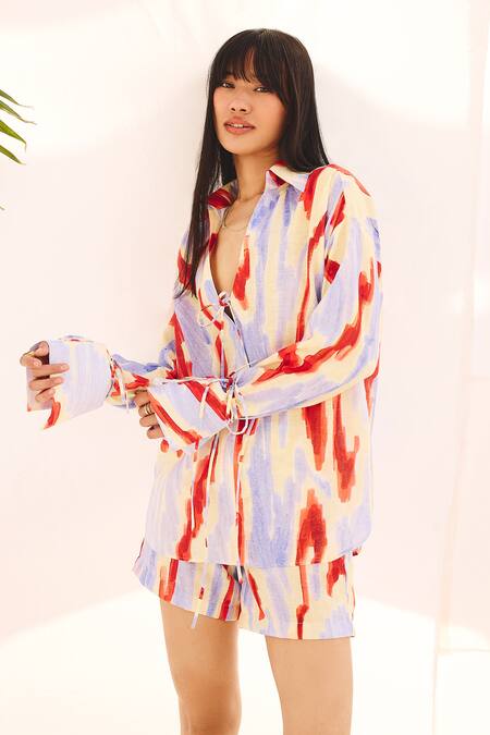 ZiP by Payal & Zinal_Multi Color Cotton, Linen Collared Tie Detail Shirt And Shorts Set _Online_at_Aza_Fashions