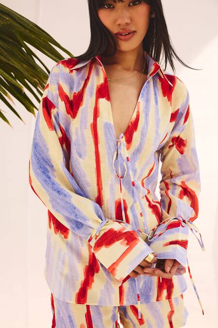 Buy_ZiP by Payal & Zinal_Multi Color Cotton, Linen Collared Tie Detail Shirt And Shorts Set _Online_at_Aza_Fashions