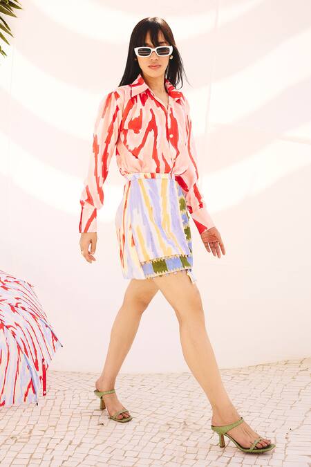 ZiP by Payal & Zinal_Multi Color Cotton, Linen Pom-poms Collared Layered Print Shirt And Wrap Skirt Set _Online_at_Aza_Fashions