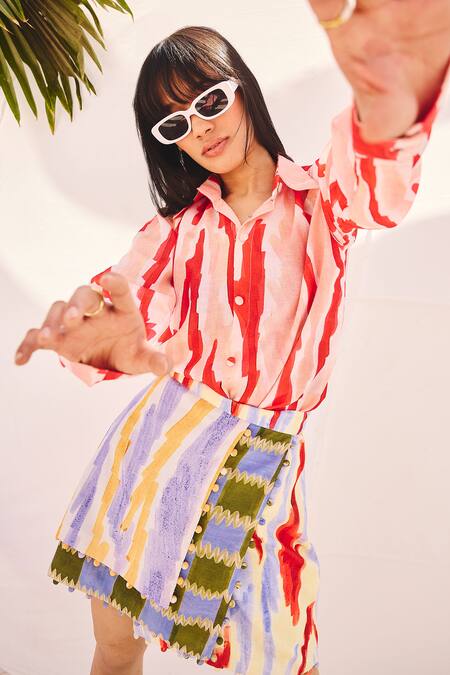 Buy_ZiP by Payal & Zinal_Multi Color Cotton, Linen Pom-poms Collared Layered Print Shirt And Wrap Skirt Set _Online_at_Aza_Fashions