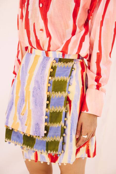 Shop_ZiP by Payal & Zinal_Multi Color Cotton, Linen Pom-poms Collared Layered Print Shirt And Wrap Skirt Set _Online_at_Aza_Fashions