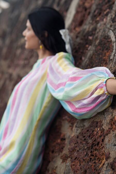 RAAS LIFE_Multi Color Cotton, Silk Round Neck Candy Stripe Short Dress _Online_at_Aza_Fashions