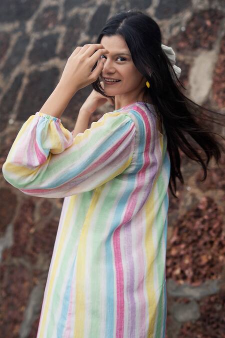 Buy_RAAS LIFE_Multi Color Cotton, Silk Round Neck Candy Stripe Short Dress _Online_at_Aza_Fashions