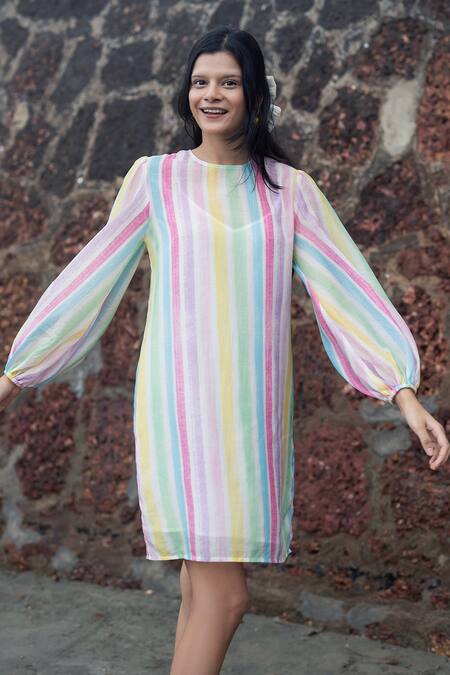 Shop_RAAS LIFE_Multi Color Cotton, Silk Round Neck Candy Stripe Short Dress _Online_at_Aza_Fashions