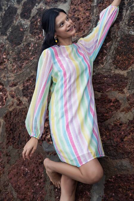 RAAS LIFE_Multi Color Cotton, Silk Round Neck Candy Stripe Short Dress _at_Aza_Fashions