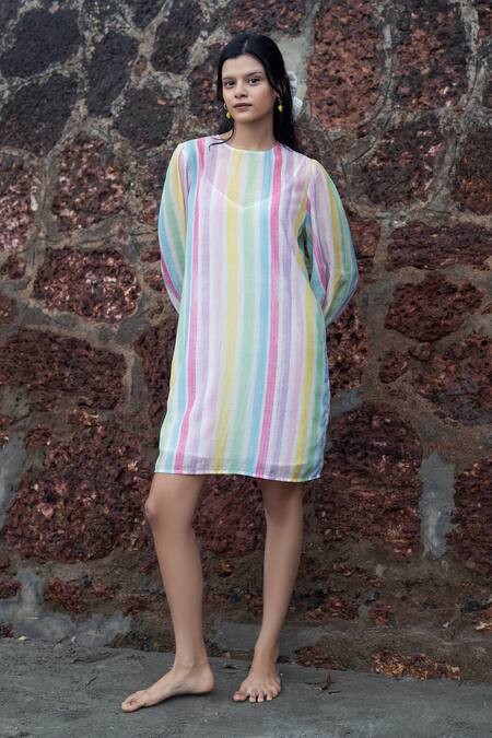 Buy_RAAS LIFE_Multi Color Cotton, Silk Round Neck Candy Stripe Short Dress 