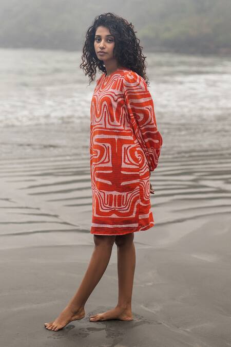 RAAS LIFE Orange Cotton Round Neck Zombie Print Slub Short Dress Online at Aza Fashions RAAS LIFE_Orange Cotton Round Neck Zombie Print Slub Short Dress _Online_at_Aza_Fashions