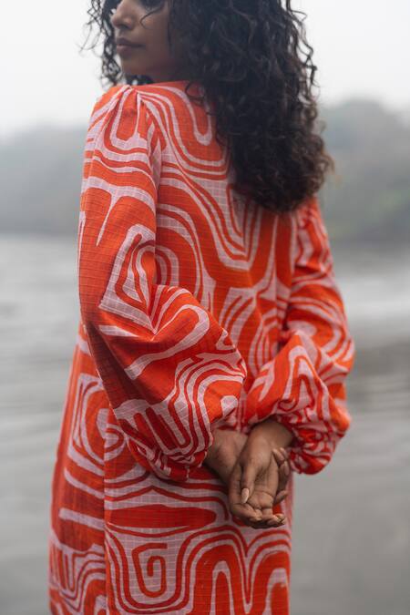 Buy RAAS LIFE Orange Cotton Round Neck Zombie Print Slub Short Dress Online at Aza Fashions Buy_RAAS LIFE_Orange Cotton Round Neck Zombie Print Slub Short Dress _Online_at_Aza_Fashions