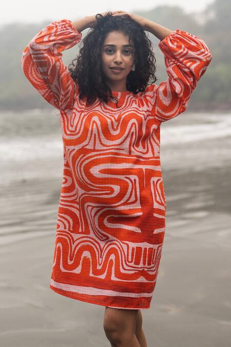 Shop RAAS LIFE Orange Cotton Round Neck Zombie Print Slub Short Dress Online at Aza Fashions Shop_RAAS LIFE_Orange Cotton Round Neck Zombie Print Slub Short Dress _Online_at_Aza_Fashions