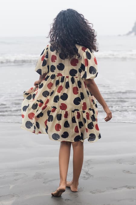 Shop_RAAS LIFE_Multi Color Cotton, Silk Round Neck Layla Polka Tier Dress _at_Aza_Fashions