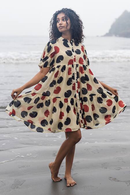 Shop_RAAS LIFE_Multi Color Cotton, Silk Round Neck Layla Polka Tier Dress _Online_at_Aza_Fashions