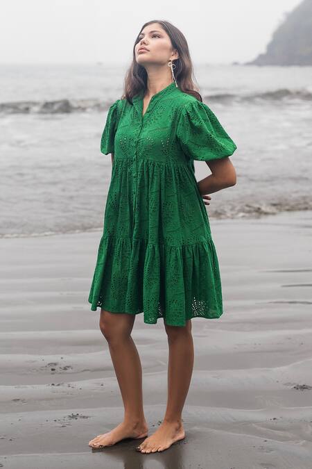 RAAS LIFE_Green Embroidery Collared Hakoba Tiered Dress _Online_at_Aza_Fashions