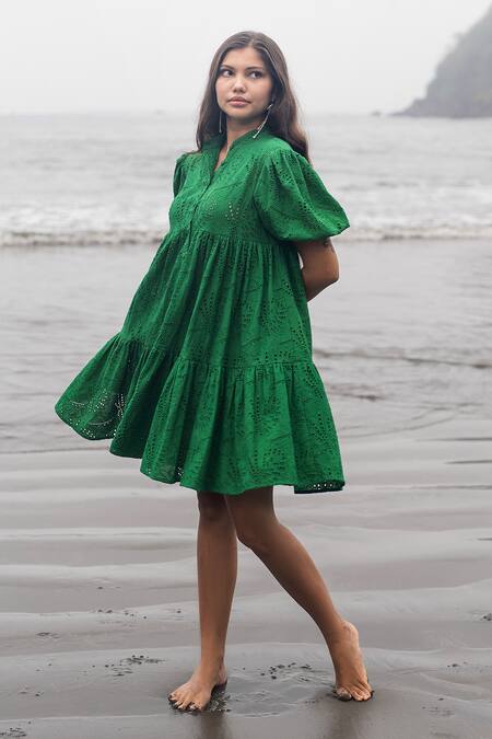 Buy_RAAS LIFE_Green Embroidery Collared Hakoba Tiered Dress _Online_at_Aza_Fashions