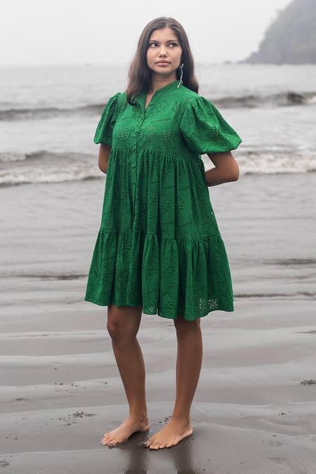 Shop_RAAS LIFE_Green Embroidery Collared Hakoba Tiered Dress _Online_at_Aza_Fashions