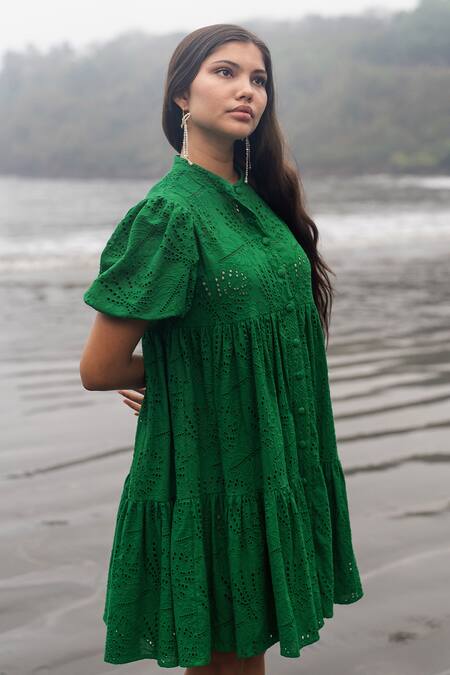 RAAS LIFE_Green Embroidery Collared Hakoba Tiered Dress _at_Aza_Fashions