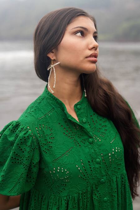 Buy_RAAS LIFE_Green Embroidery Collared Hakoba Tiered Dress 