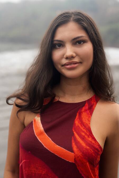 RAAS LIFE Red Linen, Cotton Halter Neck Mazia Paan Print Dress Online at Aza Fashions RAAS LIFE_Red Linen, Cotton Halter Neck Mazia Paan Print Dress _Online_at_Aza_Fashions