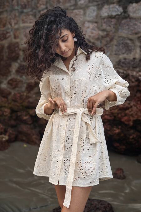 Shop RAAS LIFE Cream Embroidery Collared Hakoba Cookie Dress Online at Aza Fashions Shop_RAAS LIFE_Cream Embroidery Collared Hakoba Cookie Dress _Online_at_Aza_Fashions