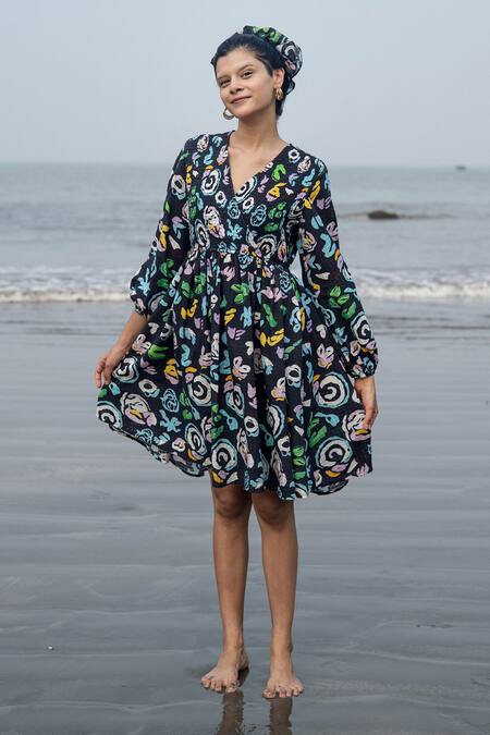 RAAS LIFE_Multi Color Cotton Embroidery V-neck Black Hand Painted Floral Dress _Online_at_Aza_Fashions