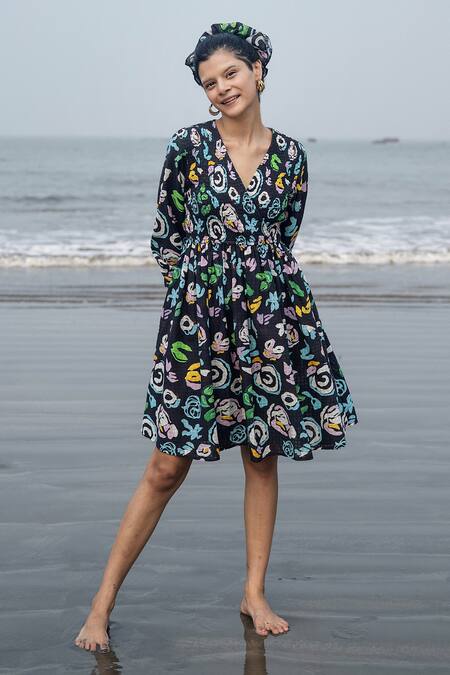 Buy_RAAS LIFE_Multi Color Cotton Embroidery V-neck Black Hand Painted Floral Dress _Online_at_Aza_Fashions