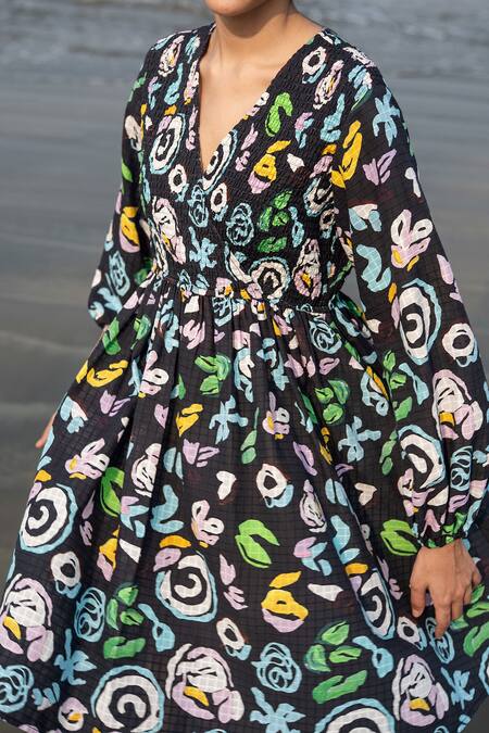 Shop_RAAS LIFE_Multi Color Cotton Embroidery V-neck Black Hand Painted Floral Dress _Online_at_Aza_Fashions