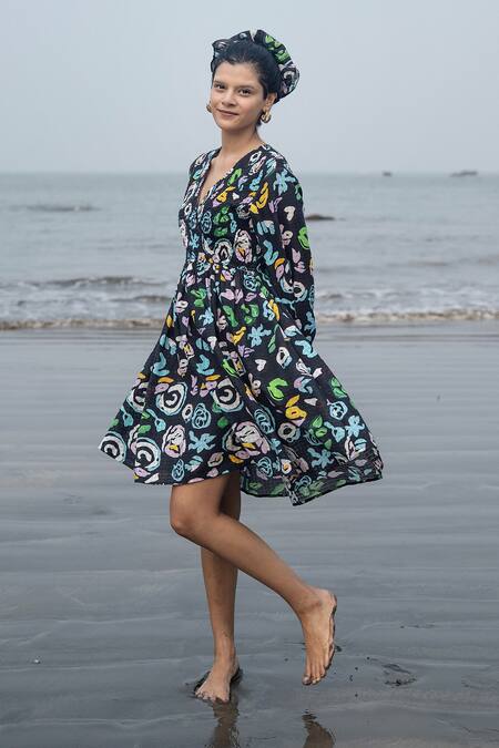 RAAS LIFE_Multi Color Cotton Embroidery V-neck Black Hand Painted Floral Dress _at_Aza_Fashions