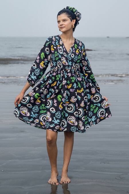 Buy_RAAS LIFE_Multi Color Cotton Embroidery V-neck Black Hand Painted Floral Dress 