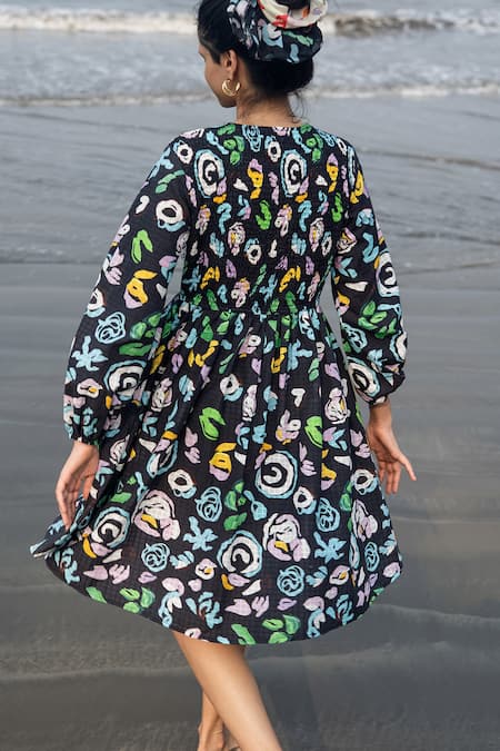 Shop_RAAS LIFE_Multi Color Cotton Embroidery V-neck Black Hand Painted Floral Dress _at_Aza_Fashions