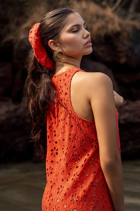 Shop_RAAS LIFE_Orange Cut Work Halter Neck Hakoba Midi Dress _Online_at_Aza_Fashions