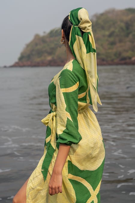 Shop_RAAS LIFE_Green Cotton V-neck Paan Print Wrap Dress _at_Aza_Fashions