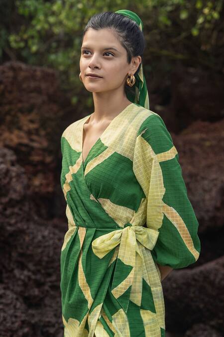 Shop_RAAS LIFE_Green Cotton V-neck Paan Print Wrap Dress _Online_at_Aza_Fashions