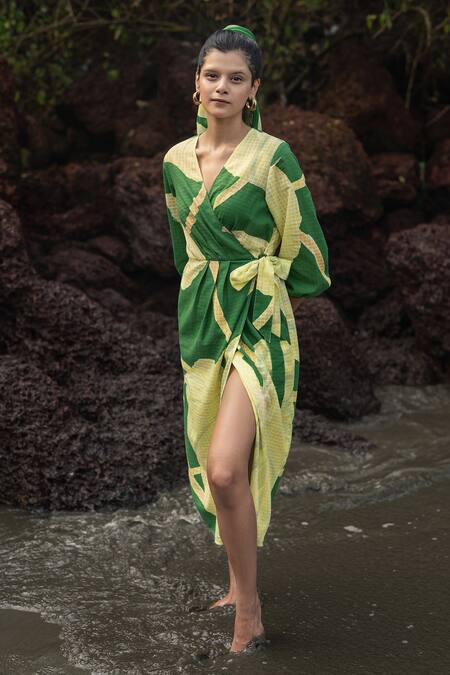 RAAS LIFE_Green Cotton V-neck Paan Print Wrap Dress _at_Aza_Fashions