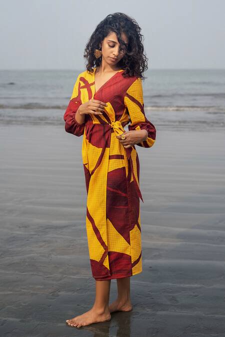 RAAS LIFE Mustard Cotton V-neck Eka Wrap Dress Online at Aza Fashions RAAS LIFE_Mustard Cotton V-neck Eka Wrap Dress _Online_at_Aza_Fashions