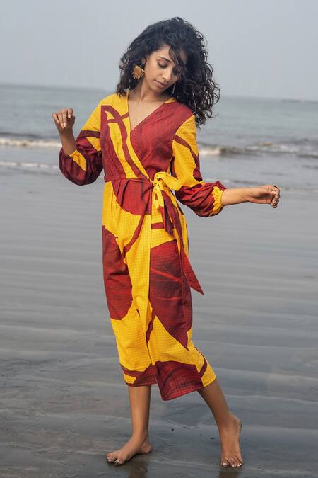 RAAS LIFE Mustard Cotton V-neck Eka Wrap Dress at Aza Fashions RAAS LIFE_Mustard Cotton V-neck Eka Wrap Dress _at_Aza_Fashions